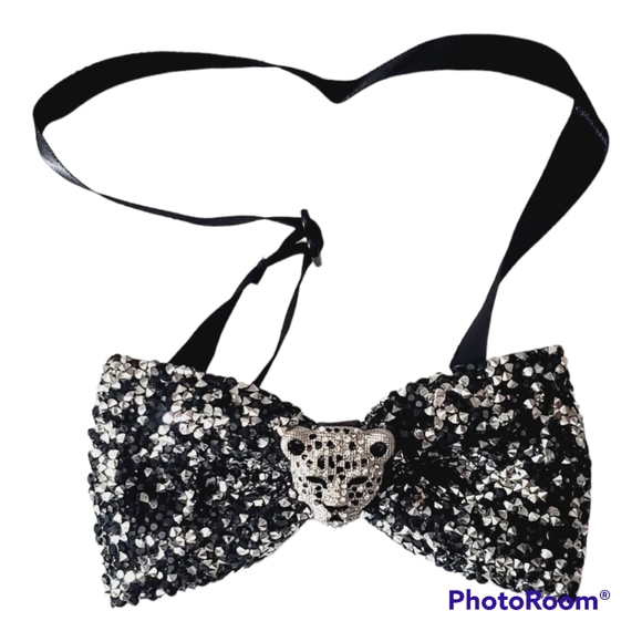 Mens blinged out leopard bowtie wedding groom black tie suit custom handmade OS - Picture 9 of 12